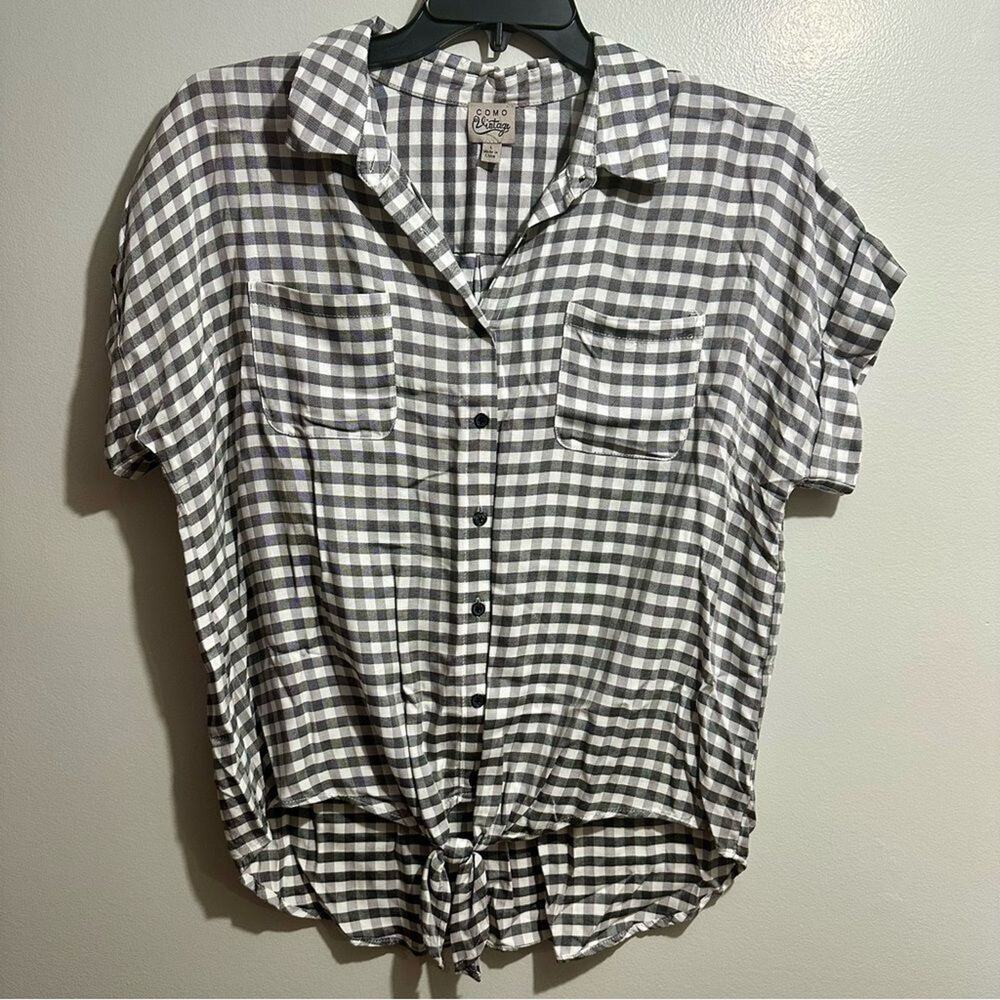 Como Vintage Gray White Button Down Shirt Size L Boxy Fit (1047)
